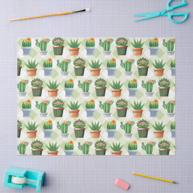 Papel De Seda Padrão de Gingham Cactus Verde (Arte )