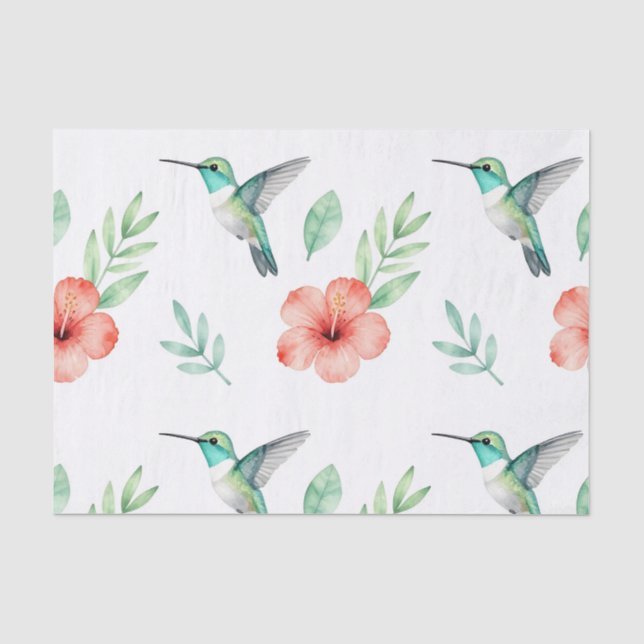 Papel De Seda Padrão de Hibisco Beija-flor Turquesa (Frente )