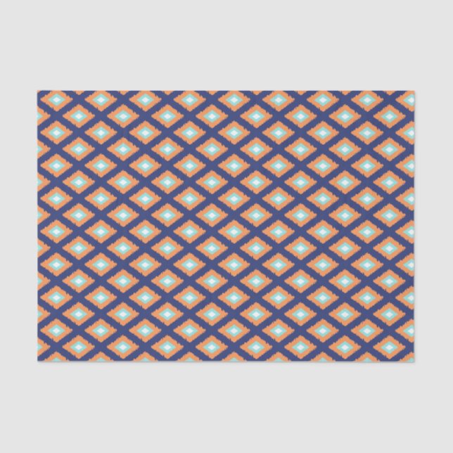 Papel De Seda Padrão de Ikat Tribal Azul e Laranja (Frente )