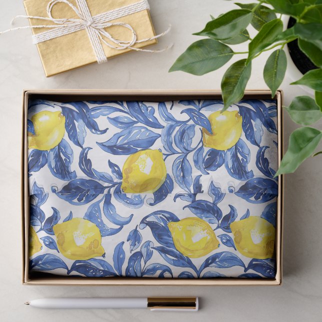 Papel De Seda Padrão de Limão Aquarela Azul (Presente)