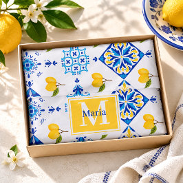 Papel De Seda Padrão de Limão Country Francês Azul Monograma Nom