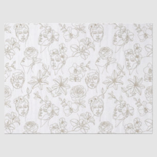 Papel De Seda Padrão de linha de rosto floral vintage preto e br