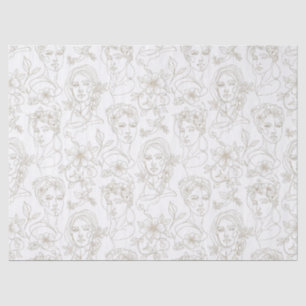 Papel De Seda Padrão de linha de rosto floral vintage preto e br
