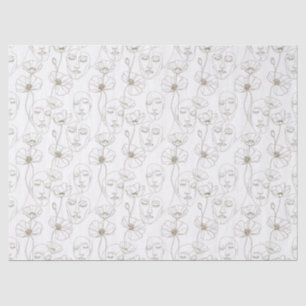 Papel De Seda Padrão de linha de rosto floral vintage preto e br