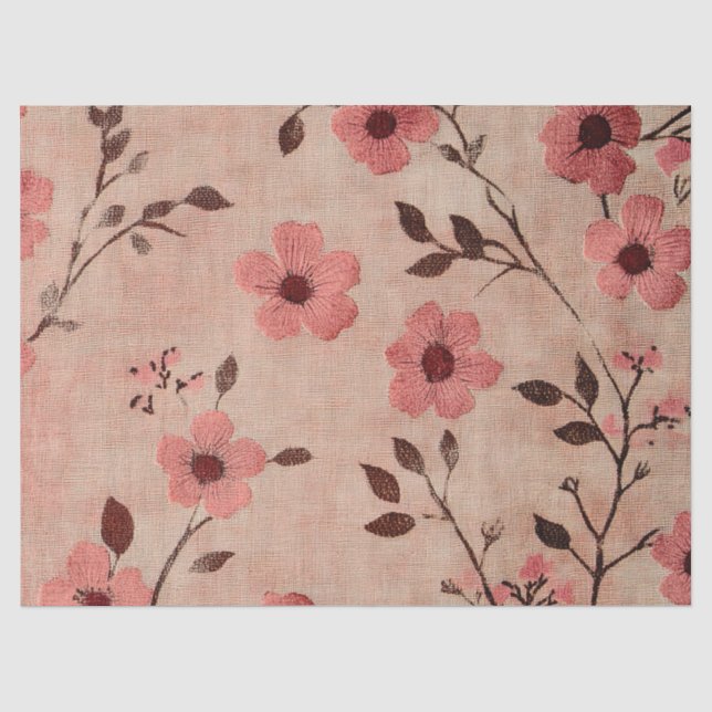 Papel De Seda Padrão de Linho Floral Bege Rústico (4) (Frente )