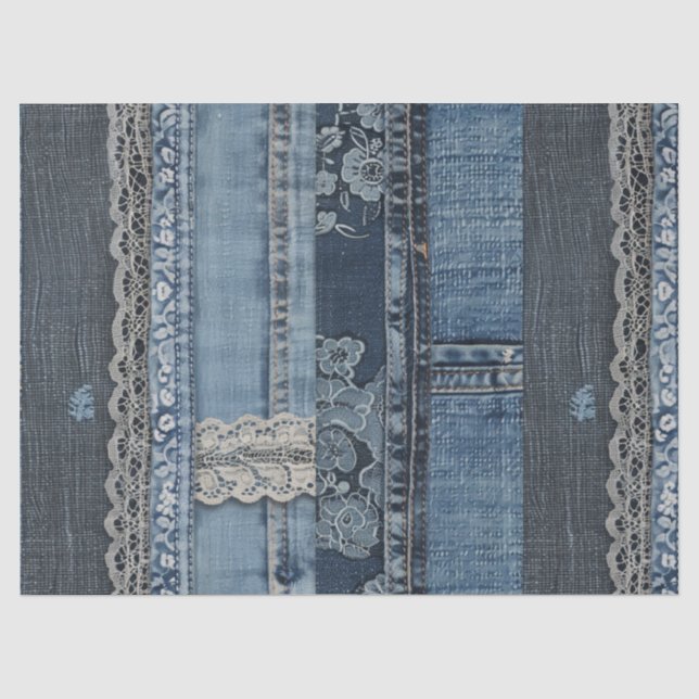 Papel De Seda Padrão de Listra de Renda em Denim Índigo (Frente )