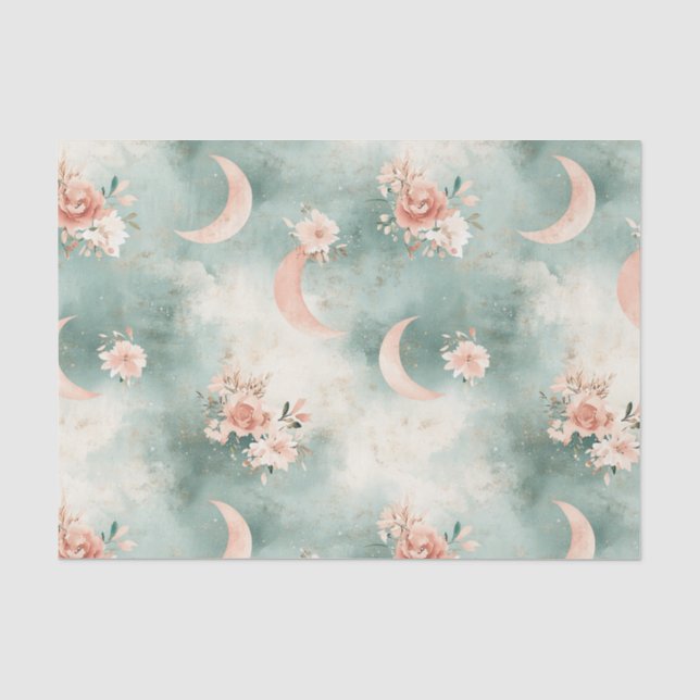 Papel De Seda Padrão de Lua Floral Boho Celestial (7) (Frente )