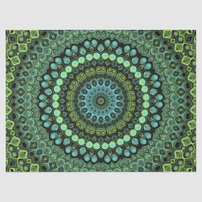 Papel De Seda Padrão de Mandala Kaleidoscópio Verde e Turquesa (Frente )