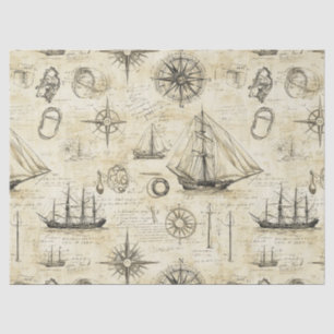 Papel De Seda Padrão de Mapa Náutico Vintage com Navios e Bússol