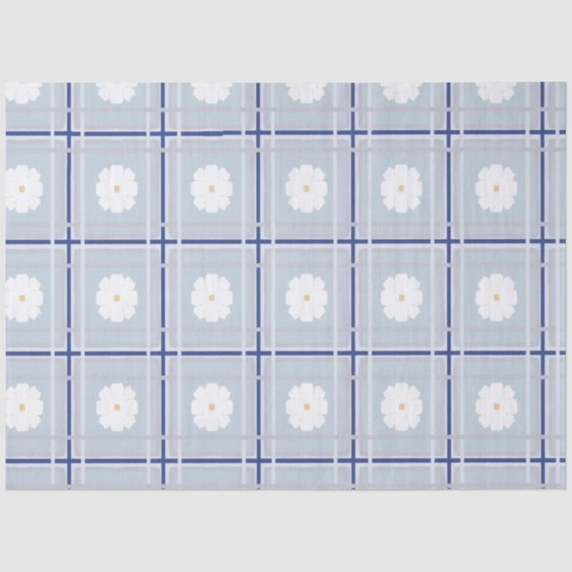 Papel De Seda Padrão de Margarida de Xadrez Azul (Frente )