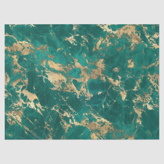 Papel De Seda Padrão de Mármore Teal e Dourado Moderno (Frente )