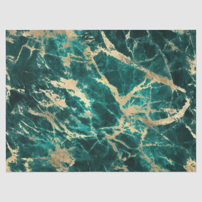 Papel De Seda Padrão de Mármore Teal e Dourado Moderno (Frente )