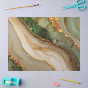 Papel De Seda Padrão de Mármore Verde e Dourado
