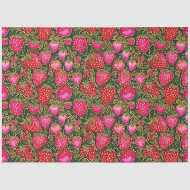 Papel De Seda Padrão de Morango Vermelho e Rosa (Frente )