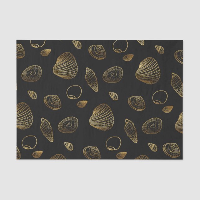 Papel De Seda Padrão de na moda Black Dourado Seashells (Frente )