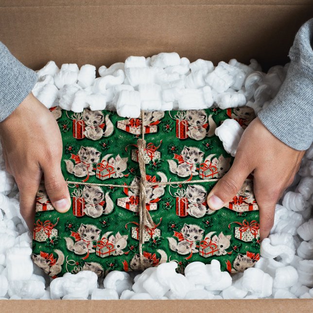 Papel De Seda Padrão de Natais vintages verdes 50 com gatinhos (Criador carregado)