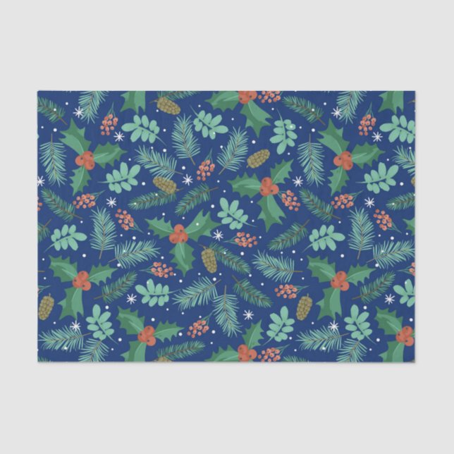 Papel De Seda Padrão de Natal Holly e pinecones (Frente )