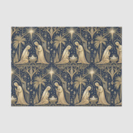 Papel De Seda Padrão de Natividade Dourado Art Déco em Azul Mari