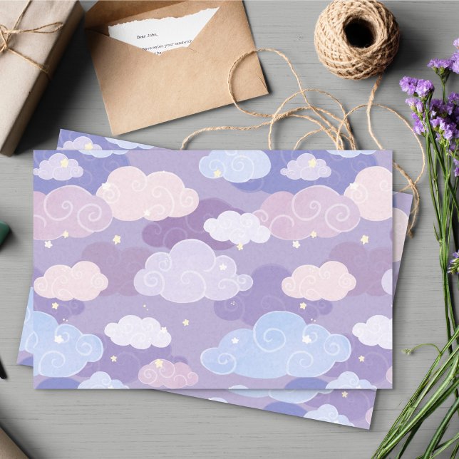 Papel De Seda Padrão de Nuvens e Estrelas de Pastel Whimsical (Whimsical Clouds Tissue Paper)