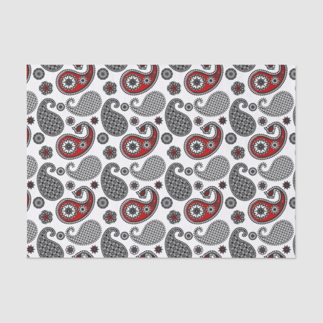 Papel De Seda Padrão de Paisley, Preto, Branco e Vermelho (Frente )