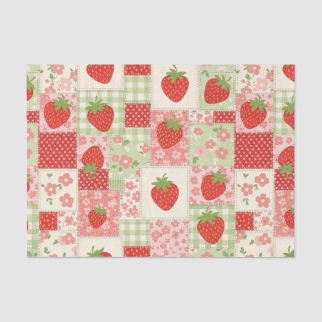 Papel De Seda Padrão de Patchwork de Piquenique de Morango Vinta (Frente )