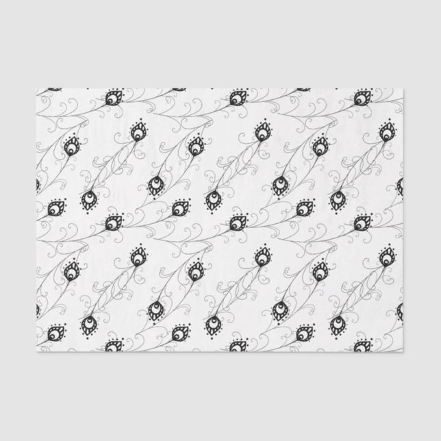 Papel De Seda Padrão de Pavão Negro e Branco Simplificado (Frente )