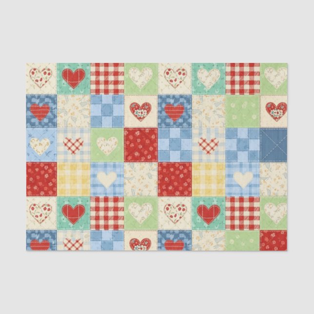Papel De Seda Padrão de Piquenique Corações em Patchwork Rústico (Frente )
