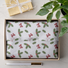 Papel De Seda Padrão de Planta de Azevinho Comum de Natal e Laço