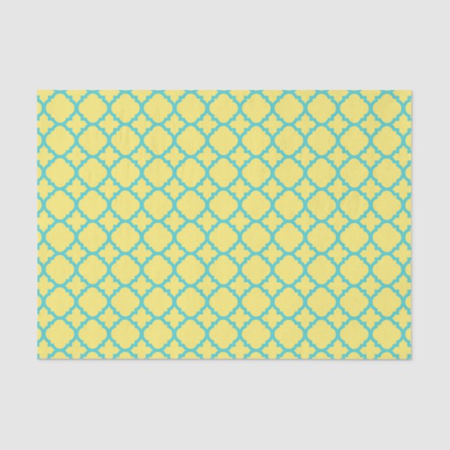 Papel De Seda Padrão de Quatrefoil Marocano Amarelo e Teal (Frente )