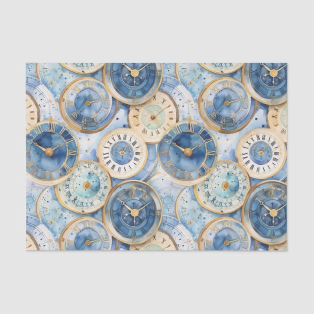 Papel De Seda Padrão de Relógio Azul e Dourado (Frente )