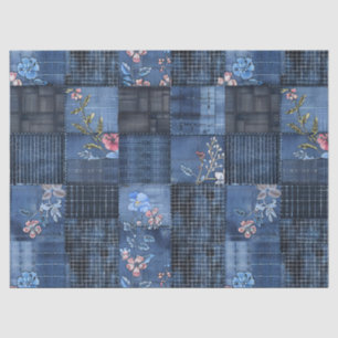 Papel De Seda Padrão de Remendo Floral Índigo   Denim Boho