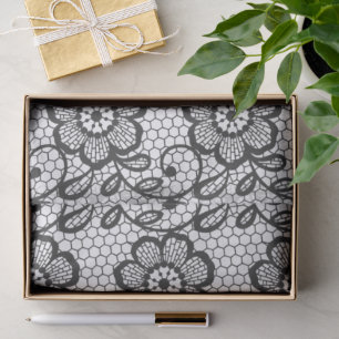Papel De Seda Padrão de Renda Floral Preto e Branco Elegante