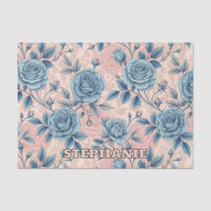 Papel De Seda Padrão de Rosa Azul Retroativo no Fundo Cor-de-Ros