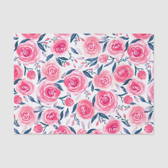 Papel De Seda Padrão de Rosas de Aquarela Floral Rosa (Frente )