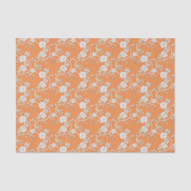 Papel De Seda Padrão de Rosas de Chinoiserie Laranja (Frente )