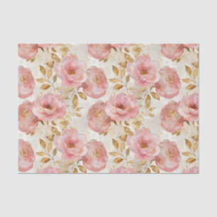 Papel De Seda Padrão de Rosas de rosas claro com Folhas Douradas
