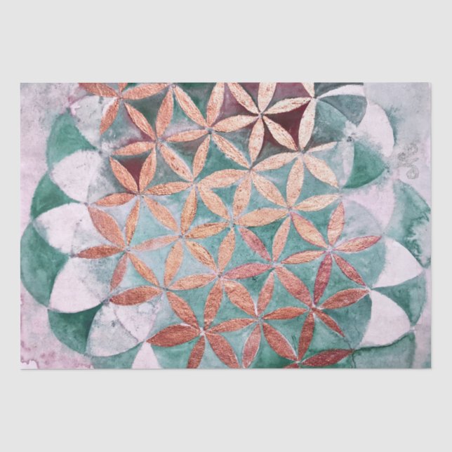 Papel De Seda Padrão de Rosetas de Rosa de Água Dourada com Teal (Frente )