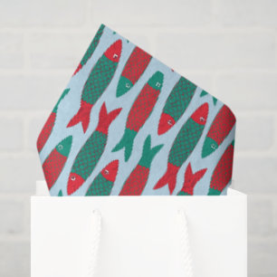 Papel De Seda Padrão de Sardinhas Vermelhas e Verdes de Natal