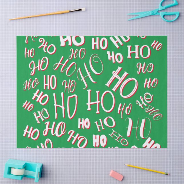 Papel De Seda Padrão de texto de Natal HO HO HO branco verde ver (Arte )