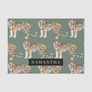 Papel De Seda Padrão De Tigres De Aquarela Verde Tropical Com N