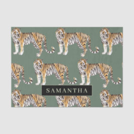 Papel De Seda Padrão De Tigres De Aquarela Verde Tropical Com No