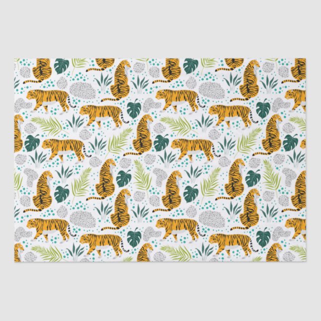 Papel De Seda Padrão de Tigres e Folhas Tropicais (Frente )