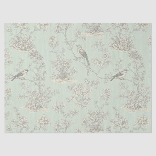Papel De Seda Padrão de Toile Botânico de Pássaro Sálvia Elegant (Frente )