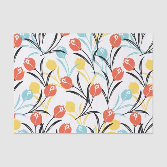 Papel De Seda Padrão de Tulipas Vibrante Design Floral em Branco (Frente )