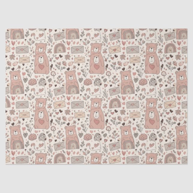Papel De Seda Padrão de Urso de Pelúcia Boho Aconchegante (Frente )