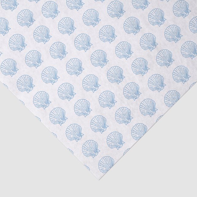 Papel De Seda Padrão Delicado de Conchas Marinhas Branco Azul (Detalhes)