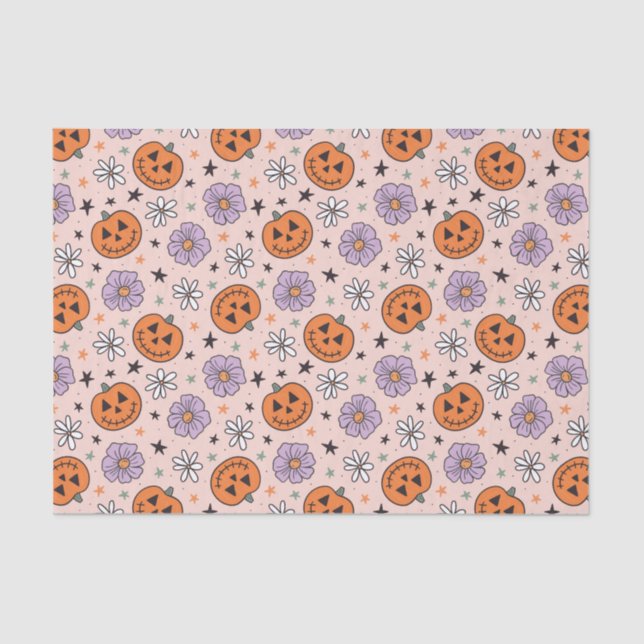 Papel De Seda Padrão Diversão de Abóboras e Flores do Halloween (Frente )