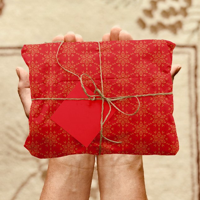 Papel De Seda Padrão do Floco de Neve do ouro em Vermelho (Golden Snowflake Pattern on Red Tissue Paper)