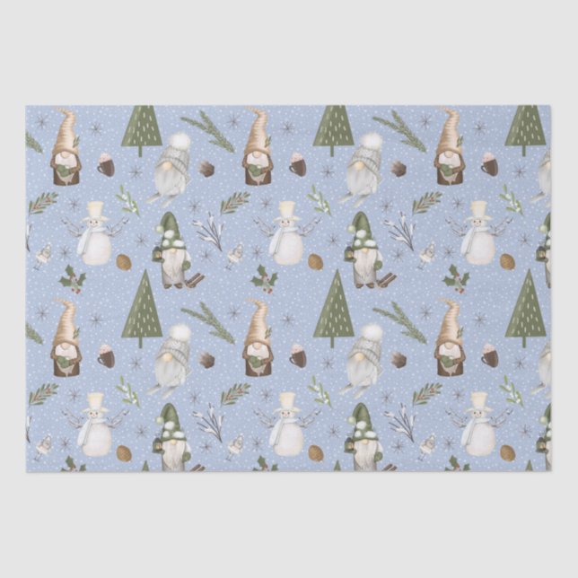 Papel De Seda Padrão dos Gnomos de Natal da Floresta Azul Neve (Frente )