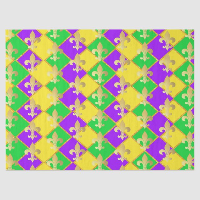 Papel De Seda Padrão Dourado de Mardi Gras Harlequin Roxo Verde (Frente )